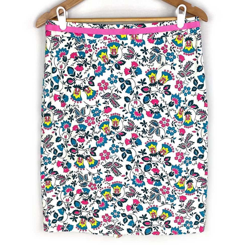 Boden Floral Pencil Skirt in White, Pink, Teal, Yellow